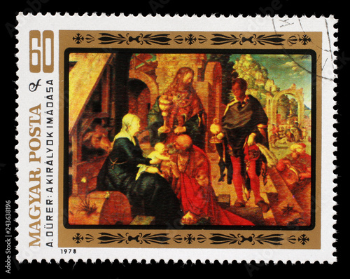 Stamp printed in Hungary, shows a picture of artist Albrecht Durer "Adoration of the Magi", the same inscription, series "450th Death Anniversary of Albrecht Durer", circa 1978