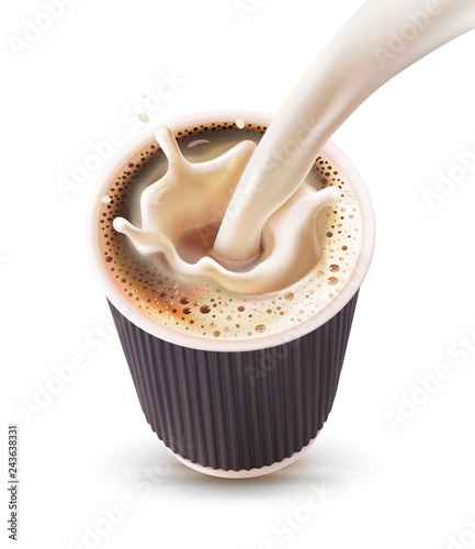 Coffee with a milk splash in a glass. Vector realistic illustration on white background.