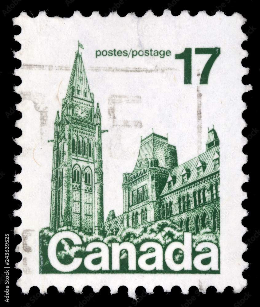 Stamp printed in Canada shows Parliament Buildings, circa 1977
