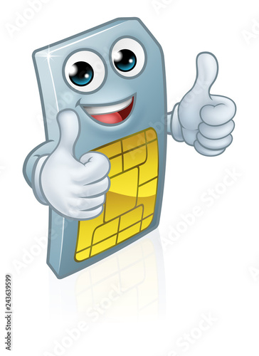 A mobile phone sim card cartoon character mascot giving a double thumbs up.