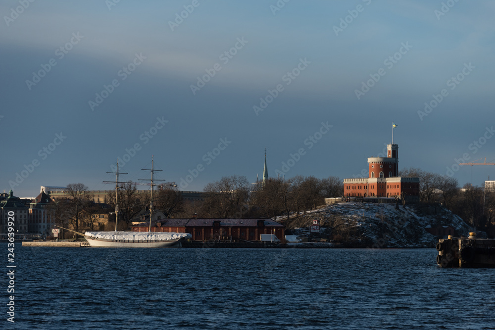 View over boats and islands in Stockholm a winter day	 in  winter solstice