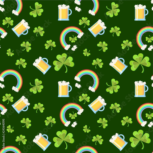 St. Patricks Day seamless pattern with clover leaves  beer glasses  and rainbow.