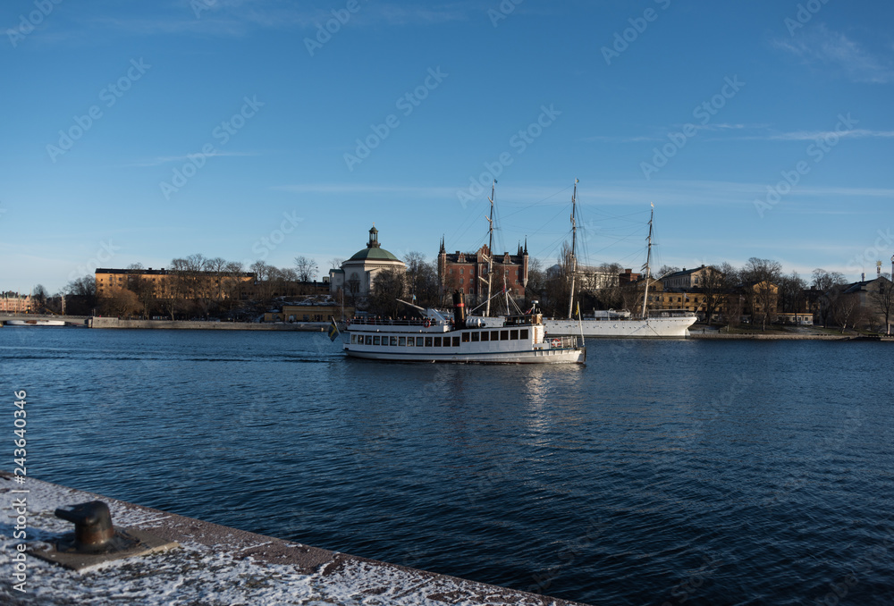 View over boats and islands in Stockholm a winter day	 in  winter solstice
