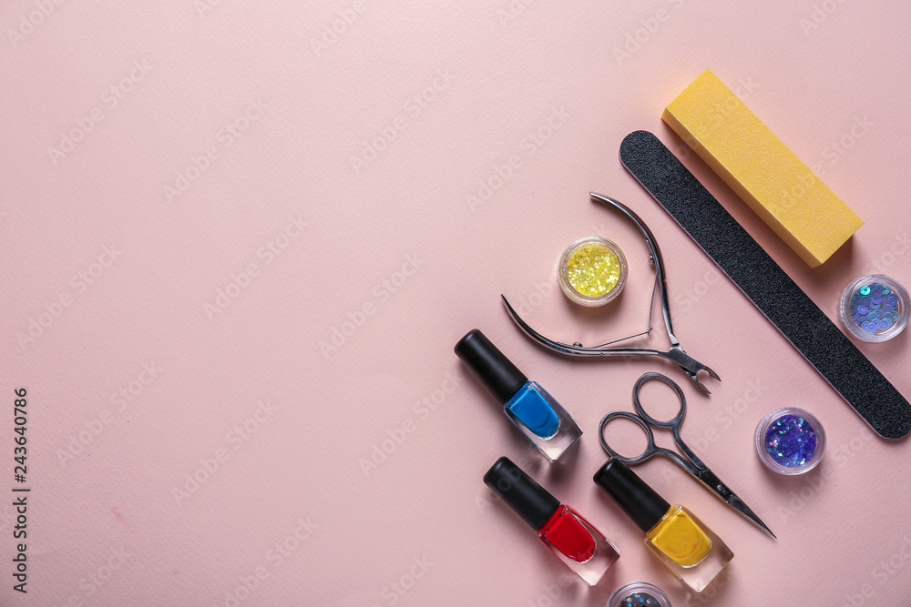 Set of pedicure tools on color background Set of pedicure tools on color background