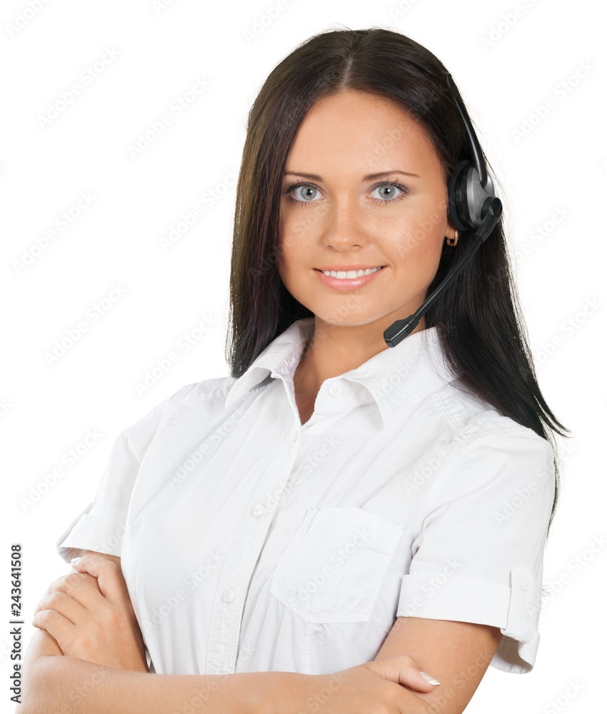 Beautiful young brunette businesswoman customer service agent Beautiful young brunette businesswoman customer service agent