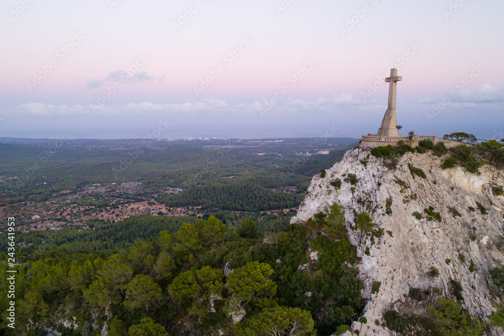Aerial view of monolith cross at Sant Salvador Sanctuary, Mallorca island, Spain