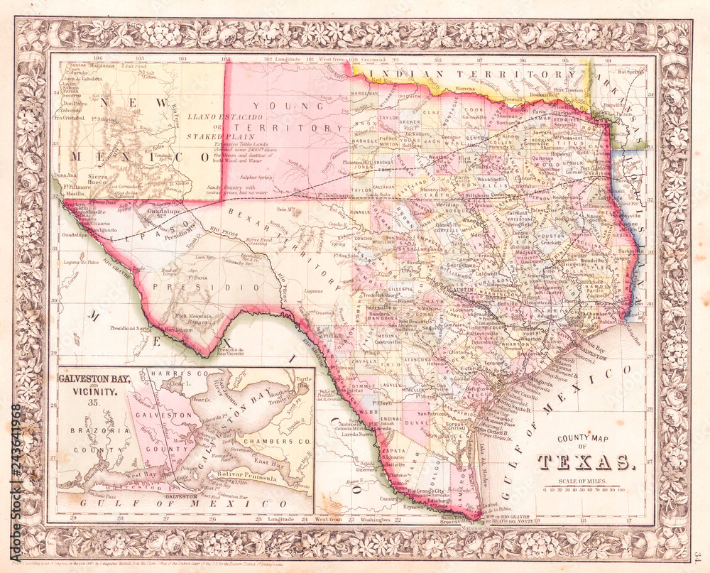 Fototapeta premium 1864, Mitchell Map of Texas