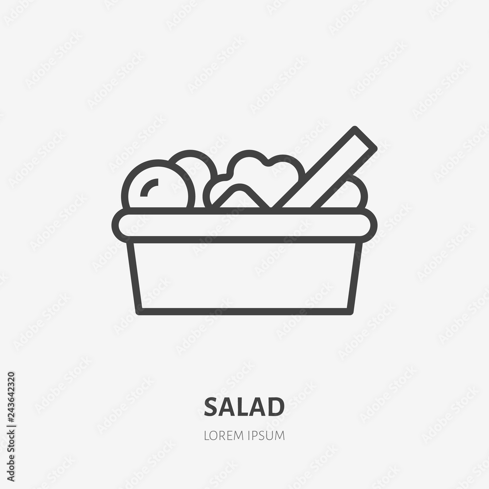 Salad bowl with spoon flat line icon. Vector thin sign, illustration of lunch for restaurant menu Salad bowl with spoon flat line icon. Vector thin sign, illustration of lunch for restaurant menu