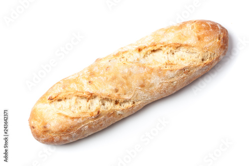 Baguette style bread with onion baked in isolated on white