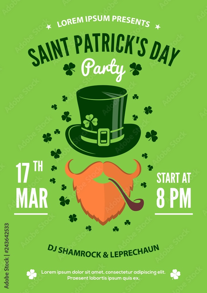 Saint Patrick party poster design, 17 March celebration invitation. Vector illustration
