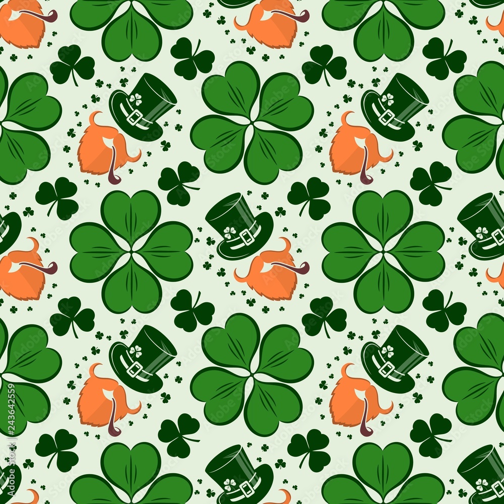St. Patrick's Day seamless pattern with leprechaun, hat and clover. Vector illustration.
