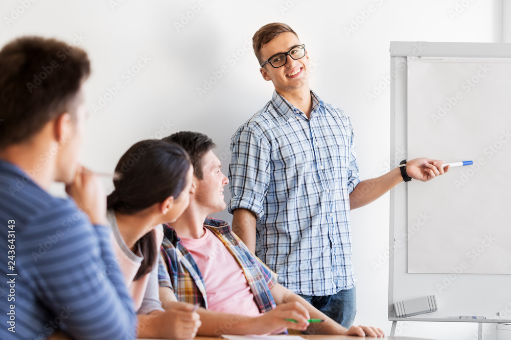 Fototapeta premium education, teamwork and people concept - group of high school students with flip chart