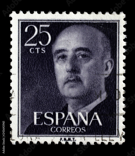 Stamp printed in Spain shows a portrait of Francisco Franco, circa 1955.