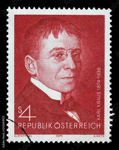 Stamp printed in the Austria shows Karl Kraus, Poet and Satirist, circa 1974 photo