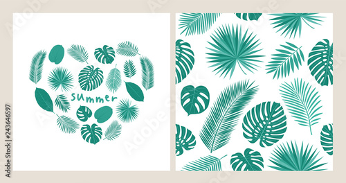 Summer set. Heart and seamless pattern with tropical leaves for textile, wallpapers, gift wrap, covers and scrapbook. Vector illustration.