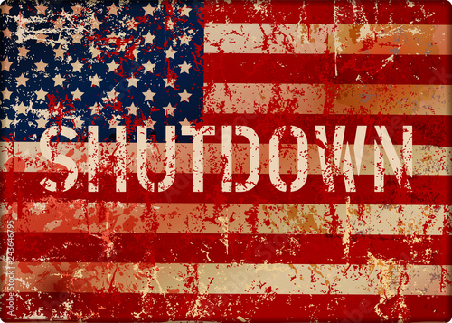 shutdown symbol with grungy USA flag, metal sign, vector illustration
