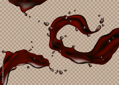 Coffee or cola splash. Transparent dynamic liquid splashes. 3d illustration. Realistic vector background for your design.