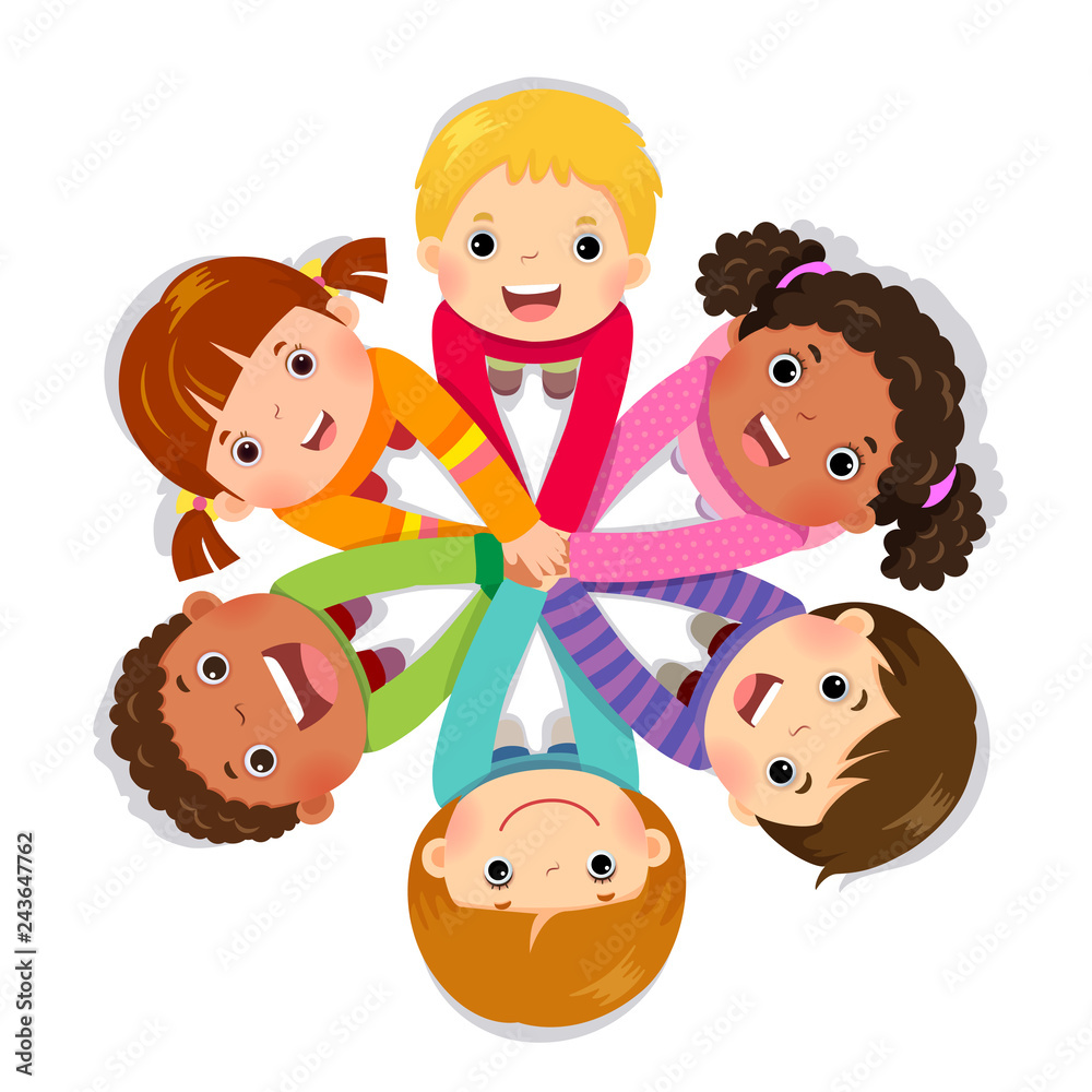 Group of children putting hands together on white background Group of children putting hands together on white background