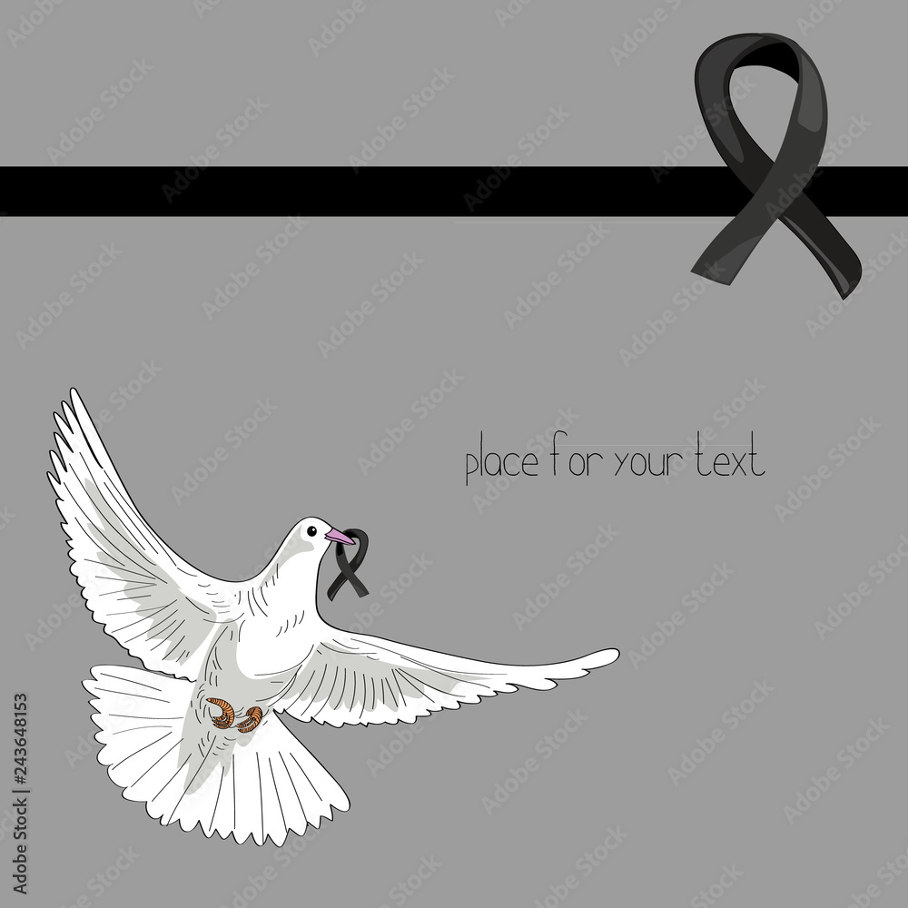 Rest in Peace. Flying pigeon with black ribbon on light grey ...