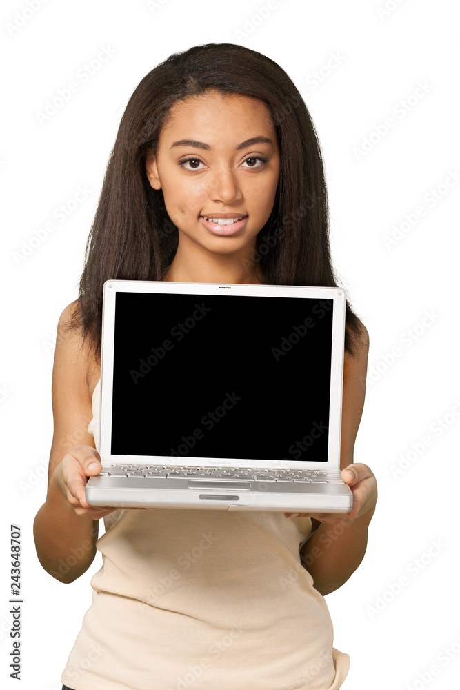 Friendly Young Woman with Laptop - Isolated Friendly Young Woman with Laptop - Isolated