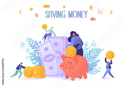 Business and finance theme. Concept of saving money. Flat people, business characters collecting coins into the pink piggy bank. Characters making money. Flat cartoon, trendy, vector illustration.