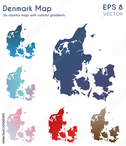 Map of Denmark with beautiful gradients. Admirable set of Denmark maps. Perfect vector illustration.