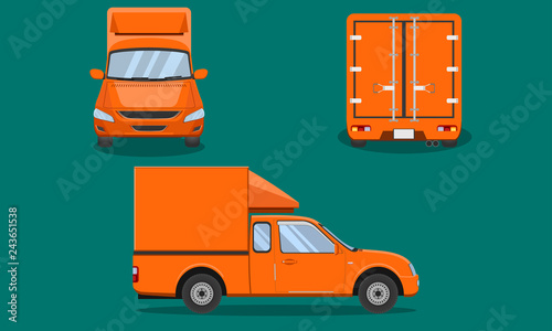 orange delivery pickup truck cab with car steel grating plastic top cover passenger front side back view transport vector illustration eps10