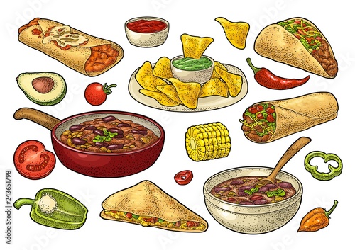 Mexican traditional food set with Guacamole, Enchilada, Burrito, Tacos, Nachos