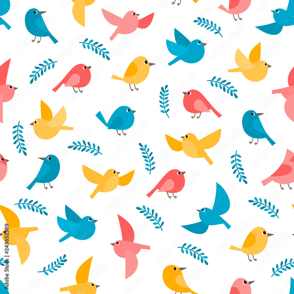 Pattern with colorful flying birds isolated on white. Pattern with colorful flying birds isolated on white.
