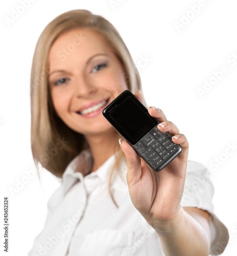 Woman holding out a cellphone photo