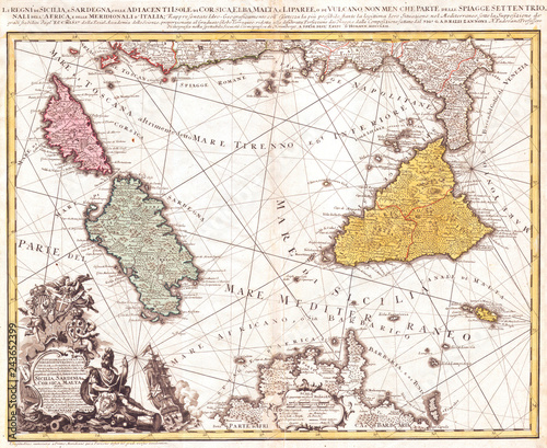 1762, Homann Heirs Map of Sicily, Sardenia, Corsica and Malta, ITALY photo