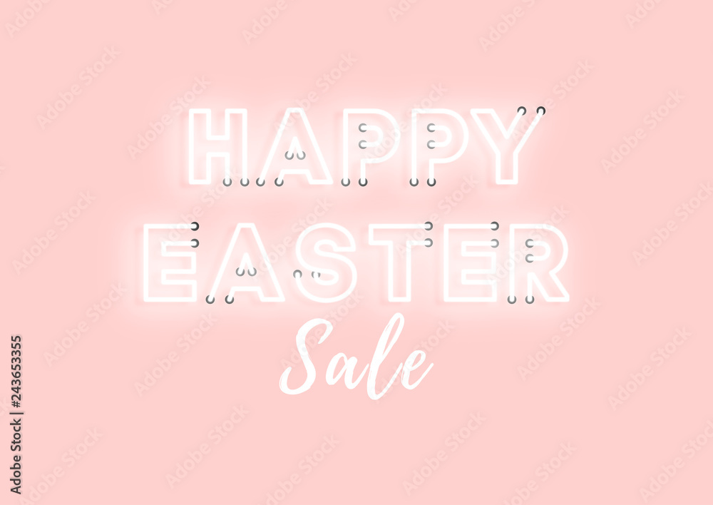 Happy Easter sale pink neon electric letters illustration. Concept of advertising for seasonal offer with glowing neon text.