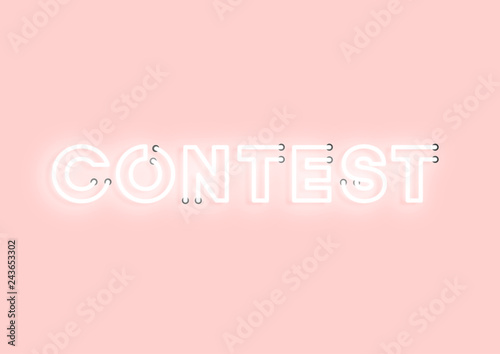 Contest pink neon electric letters illustration. Concept of advertising for seasonal offer with glowing neon text.