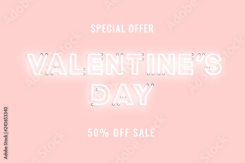 Valentine day sale pink neon electric letters illustration. Concept of advertising for seasonal offer with glowing neon text.
