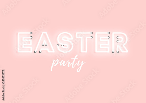 Happy easter party pink neon electric letters illustration. Concept of advertising for seasonal offer with glowing neon text.