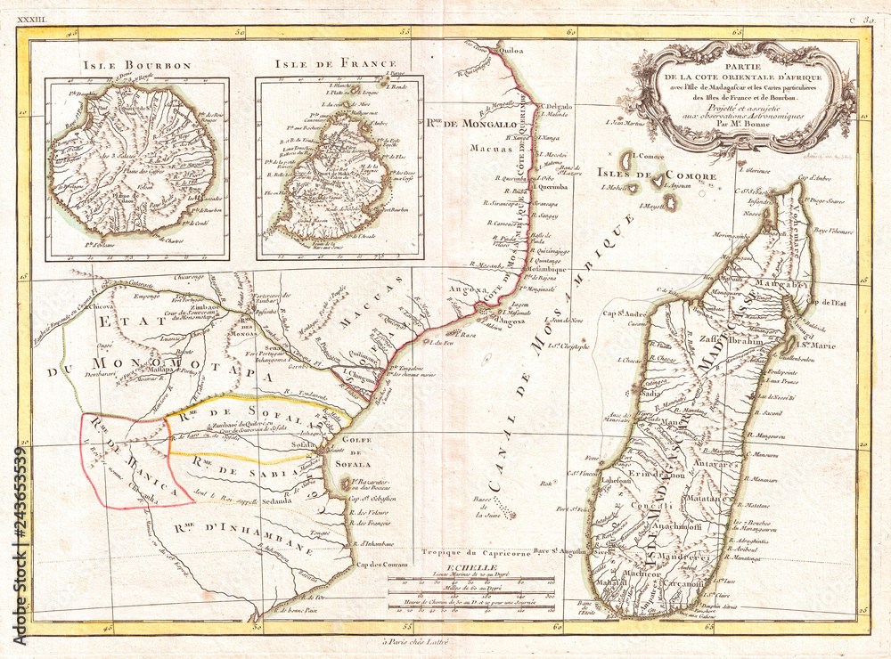 1770, Bonne Map of East Africa, Madagascar, Isle Bourbon and Mauritius, Mozambique, Rigobert Bonne 1727 – 1794, one of the most important cartographers of the late 18th century