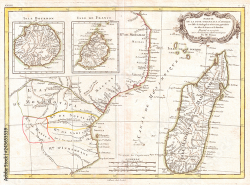 1770  Bonne Map of East Africa  Madagascar  Isle Bourbon and Mauritius  Mozambique  Rigobert Bonne 1727     1794  one of the most important cartographers of the late 18th century