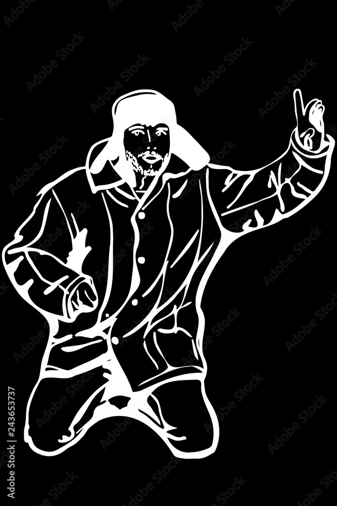 man in a winter hat raised a finger to the top attention man in a winter hat raised a finger to the top attention