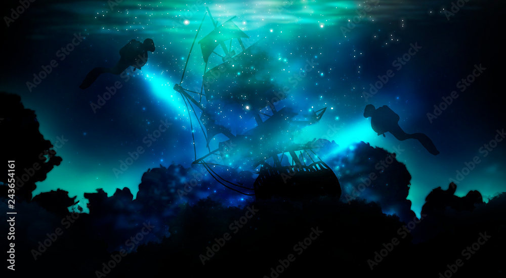 The depth of the sea water, the ocean floor, the rays of the sun through the water, the underwater world, the sea scene. The depth of the sea water, the ocean floor, the rays of the sun through the water, the underwater world, the sea scene.