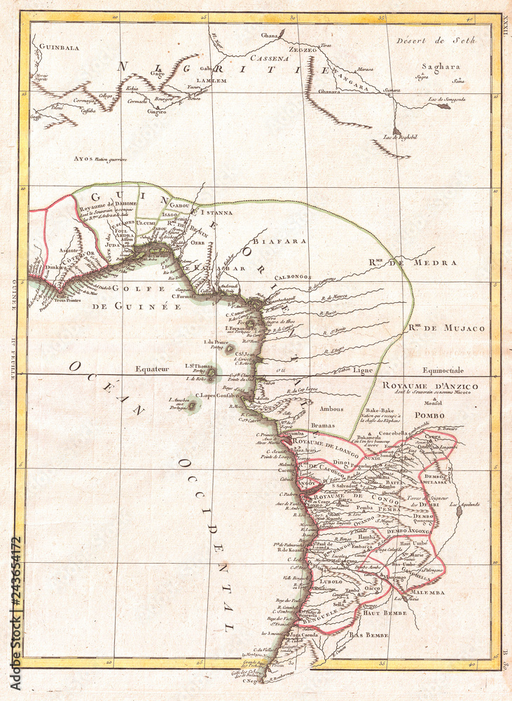 1770, Bonne Map of West Africa, Guinea, the Bight of Benin, Congo, Rigobert Bonne 1727 – 1794, one of the most important cartographers of the late 18th century 1770, Bonne Map of West Africa, Guinea, the Bight of Benin, Congo, Rigobert Bonne 1727 – 1794, one of the most important cartographers of the late 18th century