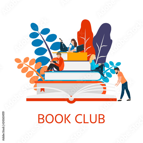 Book club poster, banner concept of a small people reading.  Vector illustration isolated on a white background