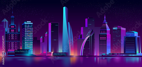 Vector modern megapolis at night. Bright glowing buildings in cartoon style. Urban skyscrapers in neon colors, town exterior, architecture background. Residential construction for cityscape concept.