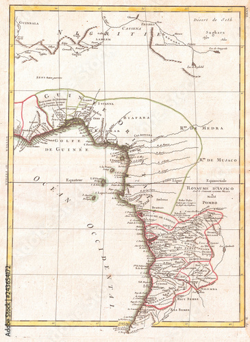 Canvas Print 1770, Bonne Map of West Africa, Guinea, the Bight of Benin, Congo, Rigobert Bonn