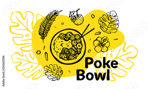Poke Bowl Hawaiian dish with rice, fresh fish, vegetables, spices and greens. Colorful linear vector illustration for web and printing.