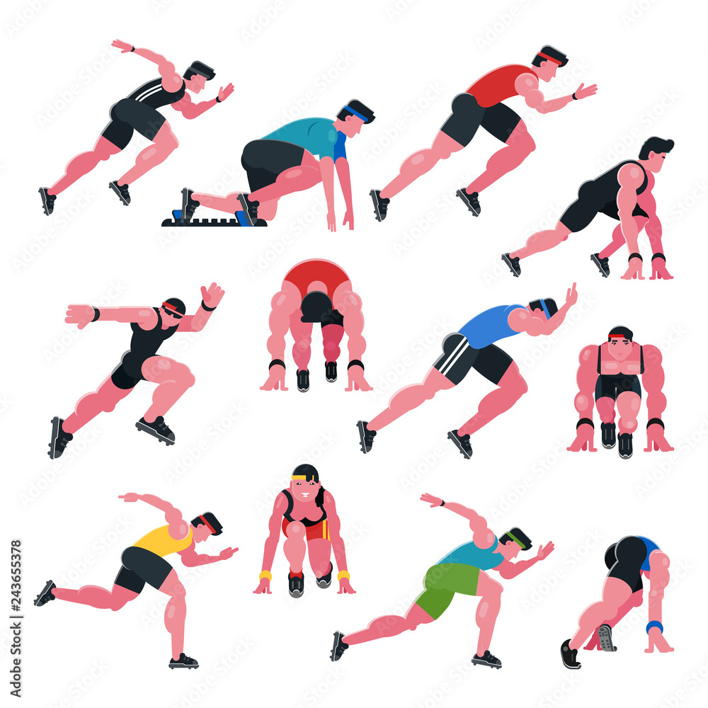 Athlete vector athletic people running and sprinter man character illustration sport training fitness set of jogger sportsman in motion on athletics competition start isolated on white background