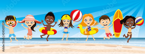 Summer holiday on the beach and a group of happy children in a jump.