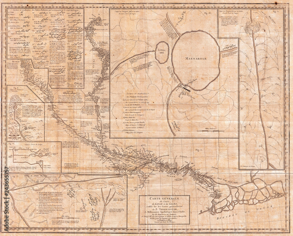 Obraz premium 1784, Tiefenthaler Map of the Ganges and Ghaghara Rivers, India