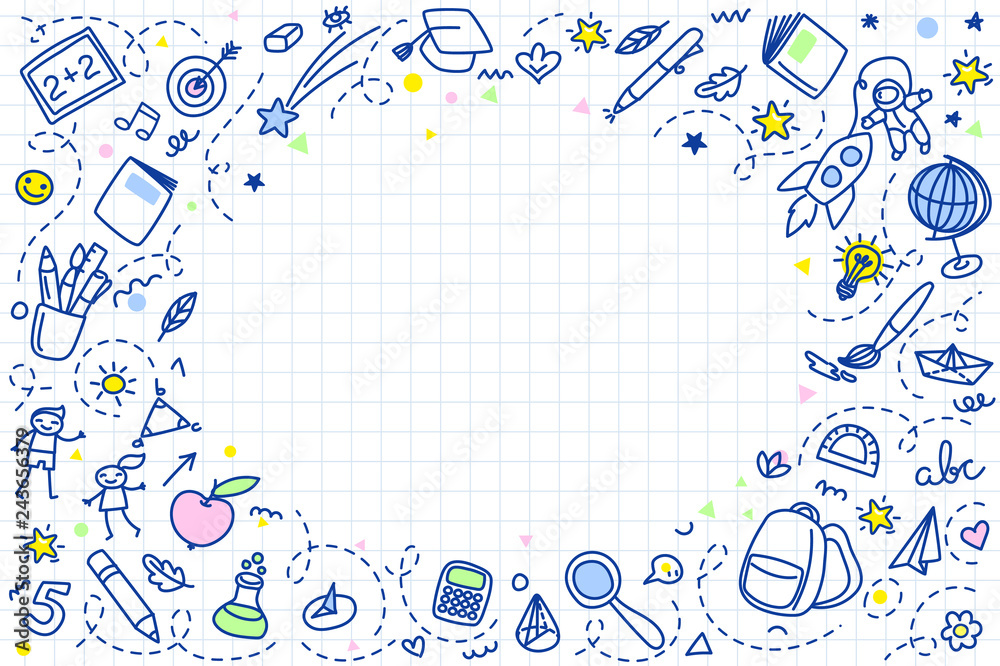 Concept of education. School background with hand drawn school supplies Concept of education. School background with hand drawn school supplies