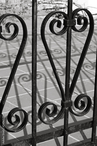 Metal fence with ornament and its shadow, black and white