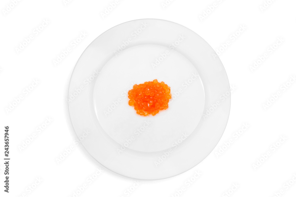 Top view of plate with red salmon caviar on the white background. Concept of gourmet food. Isolated Top view of plate with red salmon caviar on the white background. Concept of gourmet food. Isolated